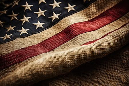 Closeup detail of grunge American flag on burlap cloth backgroundの素材
