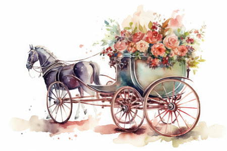 Watercolor illustration of a horse drawn carriage with a bouquet of flowersの素材