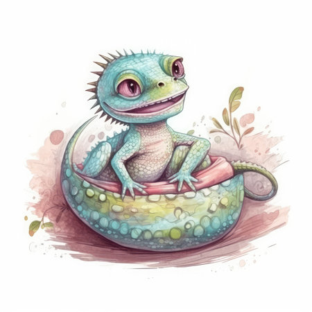 Watercolor illustration of a cute blue lizard sitting on a saucerの素材