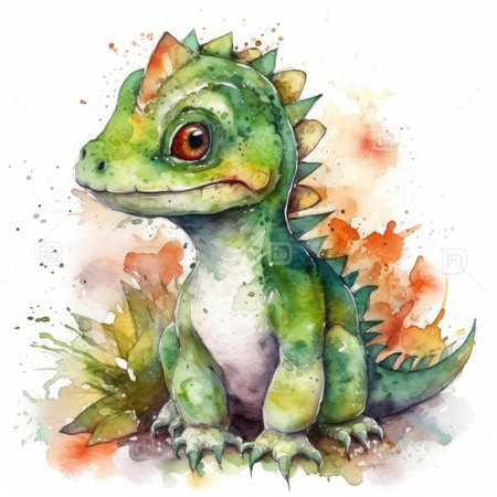 watercolor illustration of a cute green iguana on a white backgroundの素材