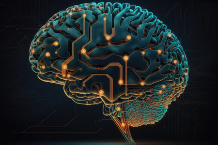 Digital illustration of  brain in colour  background, 3d renderingの素材