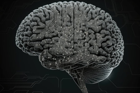 3d rendering of human brain with circuit board on black background.の素材