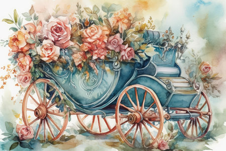 Watercolor drawing of an old carriage with a bouquet of rosesの素材