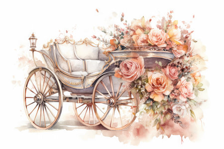 Vintage carriage with flowers, watercolor painting on white background.の素材