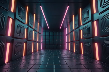 Futuristic dark corridor with glowing neon lights. 3d renderingの素材