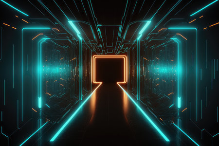 abstract futuristic scifi tunnel corridor with glowing lights 3d renderingの素材