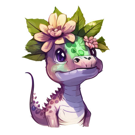 Cute dinosaur with floral wreath on his head. illustration.の素材