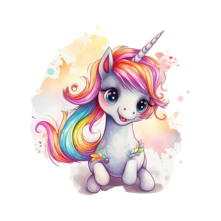 Cute cartoon unicorn with rainbow hair. Watercolor hand drawn illustrationの素材