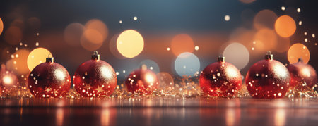 Red christmas balls on bokeh backgroundの素材