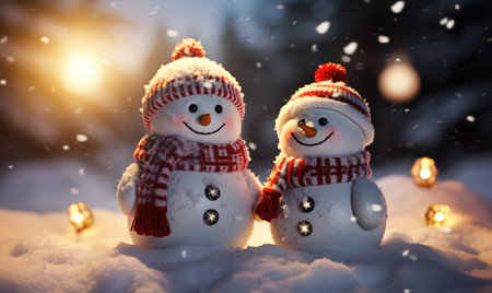 Two funny snowmen in warm hats and scarves standing in the snow at sunsetの素材