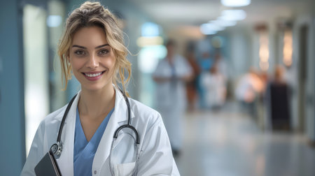 Portrait of smiling female doctor with stethoscope in hospital corridorの素材