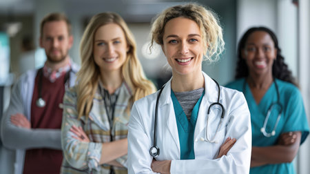 Portrait of smiling female doctor standing with arms crossed in hospital corridorの素材