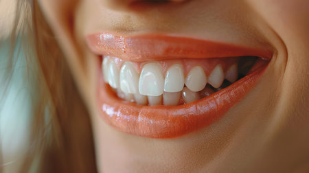 Closeup of beautiful woman's smile with healthy teeth. Teeth whitening concept.の素材