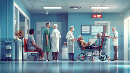 Healthcare people group. Professional doctor working in hospital office with other doctors, nurse and surgeon. Medical technology research instituteの素材