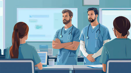 Group of doctors in the hospital. Vector illustration in cartoon style.の素材