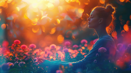 Beautiful young woman meditating in a meadow with flowers.の素材