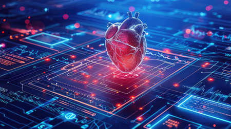 Human heart on a blue background. 3d rendering toned image double exposureの素材