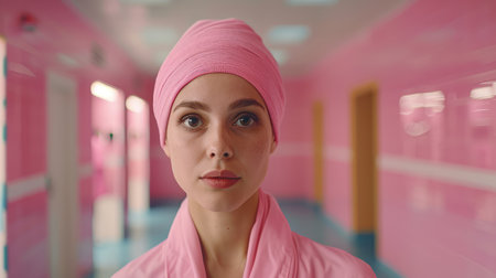 Portrait of a beautiful young woman with a pink towel on her head.の素材