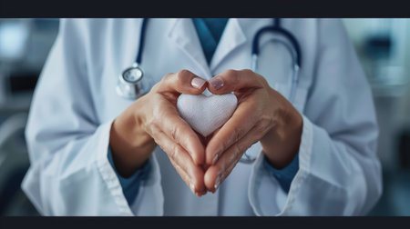 cropped shot of doctor in white coat holding heart shape in clinicの素材