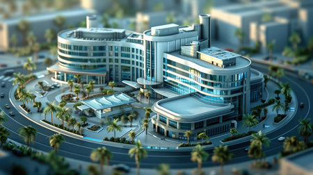3D illustration of a futuristic city with palm trees and a skyscraperの素材