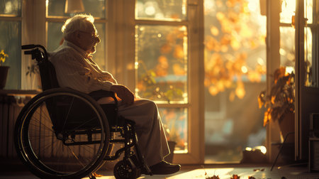 Elderly woman in a wheelchair on the terrace at sunset.の素材