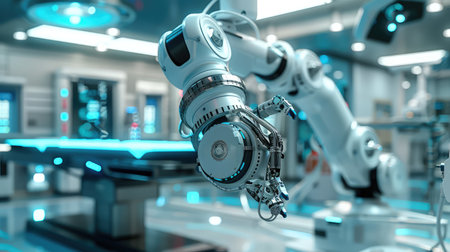 3d rendering robotic arm working in modern factory. Concept of artificial intelligenceの素材