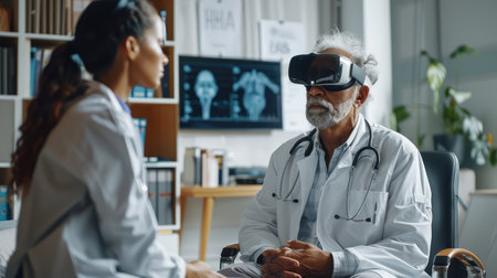Doctor in virtual reality headset talking with senior patient in hospital office. Doctor using VR headset for medical examination.の素材