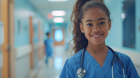 Portrait of african american female doctor smiling in hospital corridorの素材