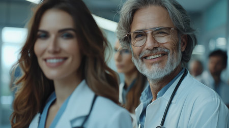 Portrait of a smiling doctor with a colleague in the background.の素材