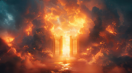 Fantasy landscape with burning city. 3d rendering. Computer digital drawing.の素材