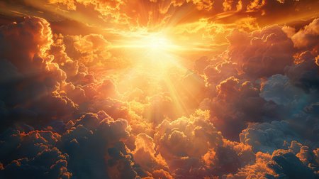 Beautiful sunset sky with clouds and sun rays. 3d renderingの素材
