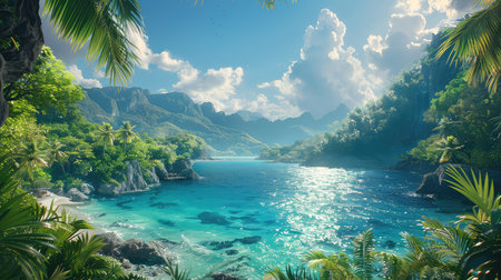 Beautiful seascape with turquoise water and tropical palmsの素材