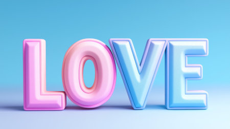 A vibrant 3D representation of the word "LOVE" crafted in playful pastel colors set against a calming light blue background, perfect for conveying emotions.の素材