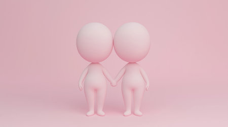 Two adorable pink characters stand closely together while holding hands. This charming illustration conveys themes of friendship, love, and unity in a minimalistic design.の素材