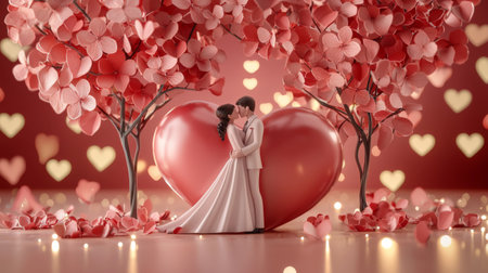 A tender moment between a couple captured in a dreamy setting with vibrant paper flowers and soft lights, perfect for wedding celebrations and romantic themes.の素材