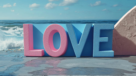 This vibrant image features large 3D letters spelling love, set against a picturesque beach backdrop with gentle ocean waves, evoking feelings of joy and tranquility.の素材