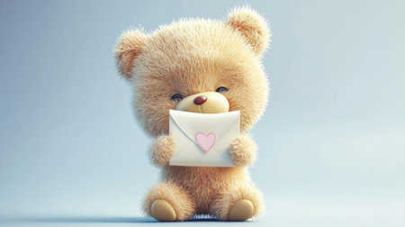 This charming illustration features a cute fuzzy teddy bear holding a love letter with a pink heart, conveying emotions of affection and warmth.の素材