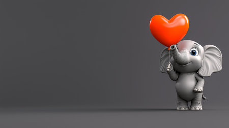 This charming cartoon elephant holding a vibrant red heart balloon captures the essence of love and joy. Perfect for themes of affection and playful innocence.の素材