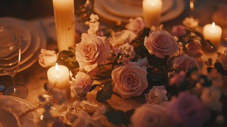 A beautifully arranged table featuring soft pink roses, flickering candles, and elegant dinnerware, creating a warm and romantic atmosphere for any special occasion.の素材