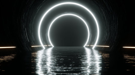 This striking image captures a circular light reflection in a dark tunnel, evoking a sense of mystery and serenity over the calm water surface.の素材