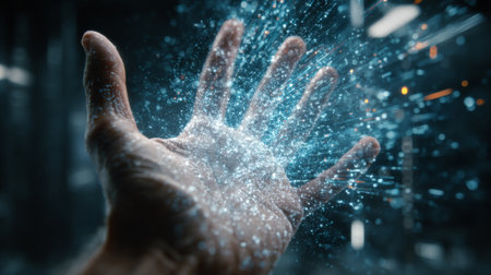 A captivating image of a hand outstretched with glowing particles emitting from it, symbolizing creativity and energy in a futuristic environment.の素材