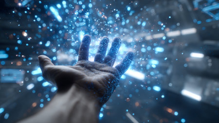 A dynamic depiction of a hand reaching out, surrounded by vibrant data particles, representing technology, motion, and connection in a futuristic environment.の素材