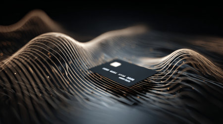 A captivating visual representation of a credit card floating among abstract flowing lines and luminous particles on a dark background.の素材