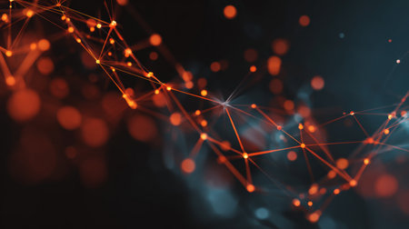 This abstract digital background showcases a dynamic composition of glowing orange dots and lines, creating a futuristic network effect against a dark backdrop.の素材