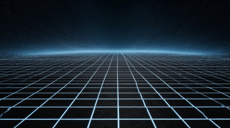 A stunning digital landscape featuring a glowing grid on a dark surface, perfect for themes of technology, science, and abstract art.の素材