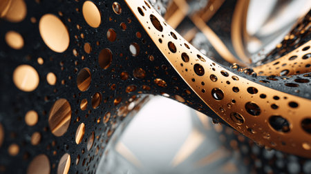 Abstract artwork featuring golden loops and holes against a dark surface, highlighting intricate patterns and dynamic textures in a modern setting.の素材