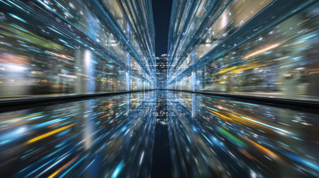 A mesmerizing night cityscape featuring reflective surfaces and dynamic light patterns, showcasing modern architecture and vibrant urban life.の素材