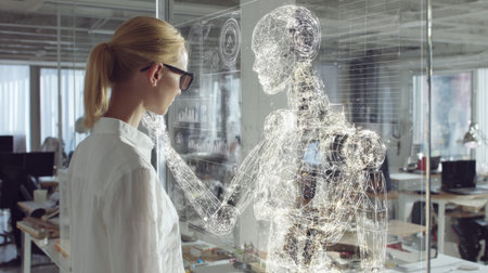 A woman engages with a holographic robot in a contemporary office setting, showcasing a blend of technology and innovation in a professional workspace.の素材