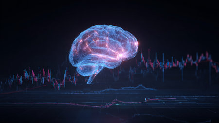 This stunning representation of a digital brain illuminated in blue and purple showcases advanced data analytics, exploring the intersection of technology and science.の素材