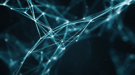 This abstract image showcases a network structure with glowing nodes and connecting lines, set against a dark backdrop. Perfect for technology and science themes.の素材
